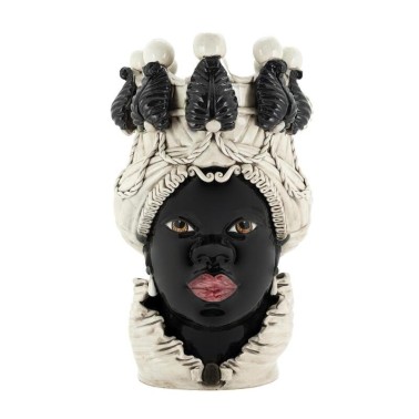 Testa di moro in ceramica smaltata nera e avorio con labbra colorate