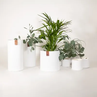 Vaso cilindrico bianco in carta e lattice con fascie orizzontali